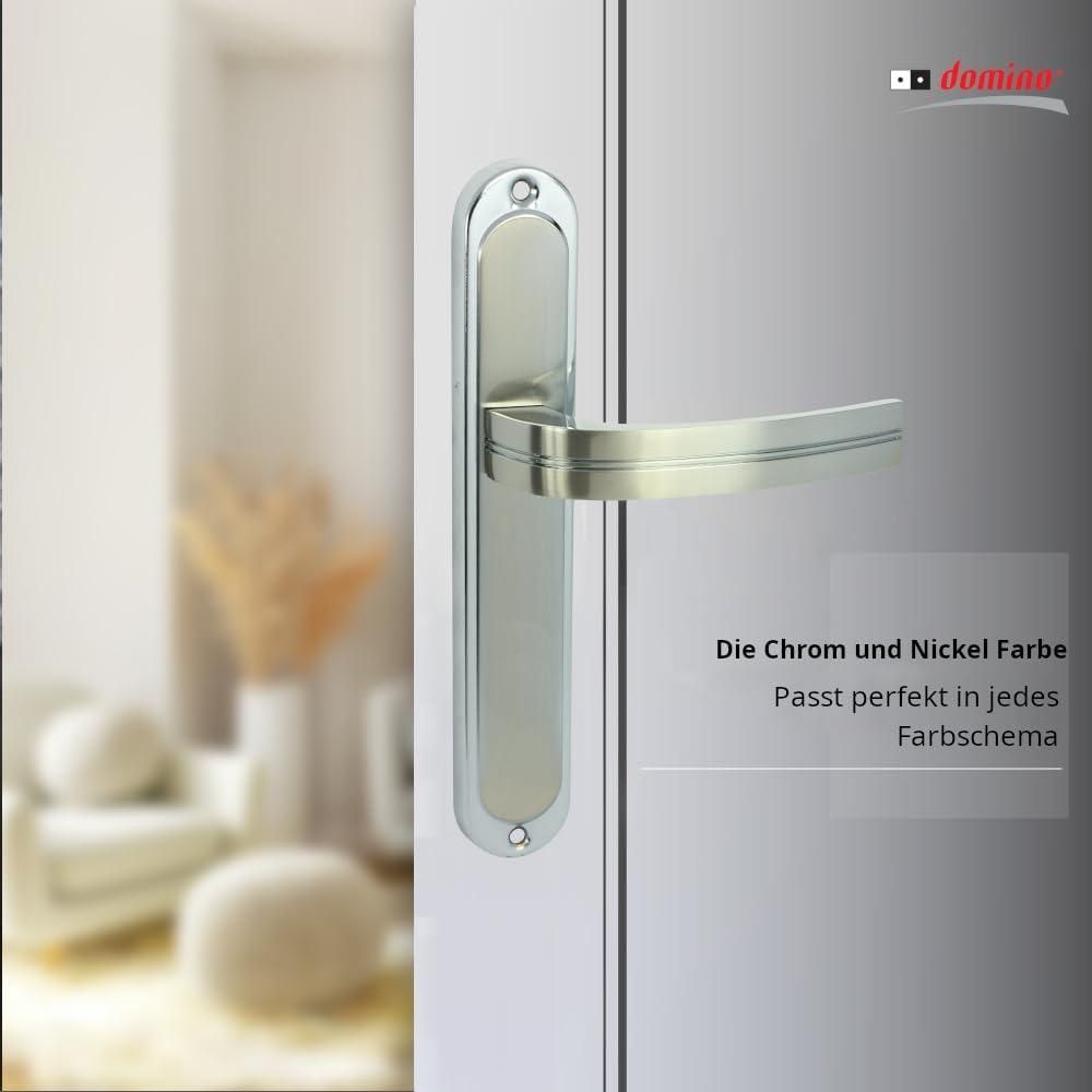 DOMINO Türgriff Blind Drückergarnitur | Langschildgarnitur | Türklinke für Zimmertür, Bürotür, Kellertür & Innentür | L-Form | Türbeschläge aus Aluminium | Chrom Nickel Türdrückergarnitur | DEKAN M6/M9