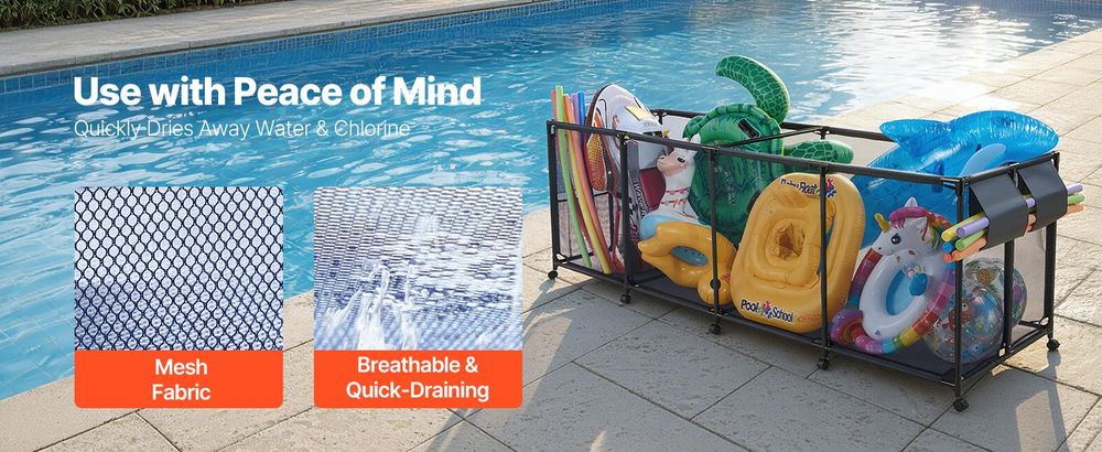 VEVOR Pool Aufbewahrungsbehälter 2620x815x890 mm, Organizer mit Seitentaschen, Metallrahmen, Netzkorb, Aufbewahrungsbox, Organisationskorb, Aufbewahrungskorb, Aufbewahrungswagen für Poolspielzeug