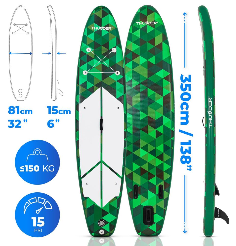 THUNDER Camo Stand Up Paddle Board 350x81x15 cm Vert Noir jusqu'à 150 kg