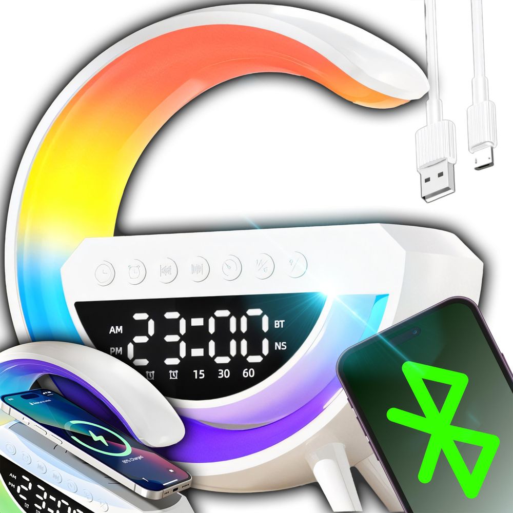 Nachttischlampe mit Ladefunktion - LED Touch Dimmbar mit 7 RGB Farben, Kabelloses 15W Laden -Bluetooth Lautsprecher Wecker & Uhr  USB AUX TF Retoo