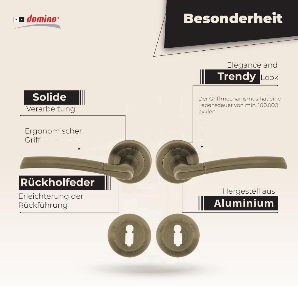 DOMINO Türgriff Drückergarnitur BB-Buntbart Set | Rund BB Rosette | Türklinke für Zimmertür, Bürotür, Kellertür & Innentür | Türbeschläge aus Aluminium | Bronze Türdrückergarnitur | PRESTO-R M3