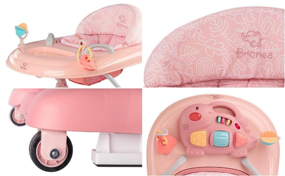 BRONEA® 5-in-1 Babywalker Gehfrei | Lauflernhilfe mit Schaukelfunktion, Musik & Licht | Laufhilfe für Baby ab 6 Monate | Höhenverstellbar | Klappbar | Rosa