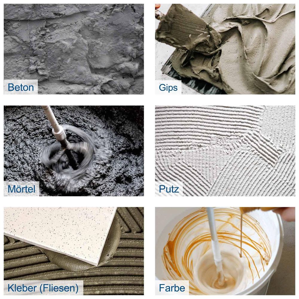 Bild zeigt Beispiele, wie der PM1600 verwendet werden kann: für Beton, Fliesenkleber, Farbe.