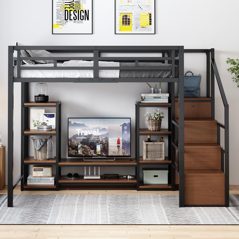 Flieks Etagenbett Metallbett 140x200cm mit TV-Ständer und Regal, Jugendbett Doppelbett mit Steckdose, Hochbett Kinderbett mit Lattenrost, Schwarz