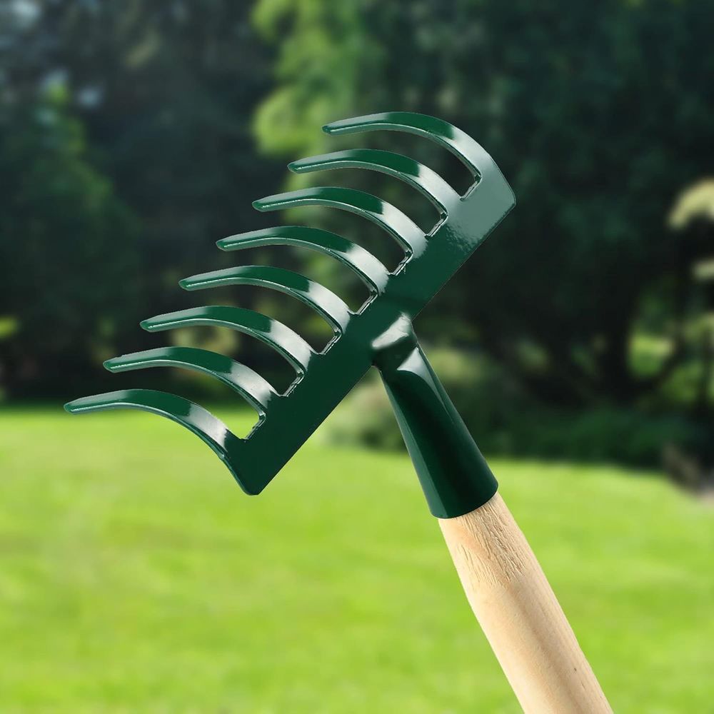 KADAX Kleine Harke aus Metall, Rechen mit Stiel aus Holz, Laubbesen, Laubrechen