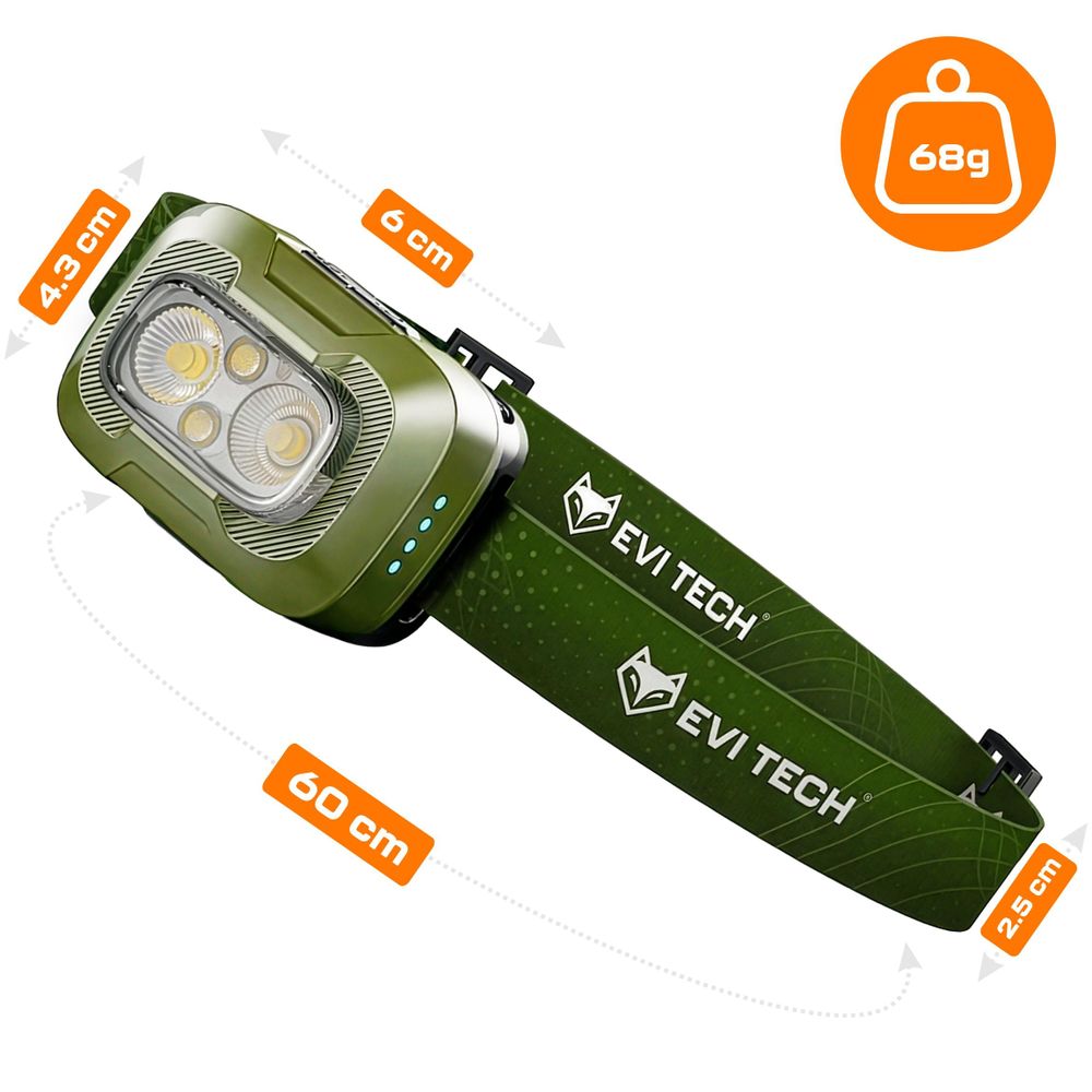 EVI TECH WaveBeam 300 LED Stirnlampe Akku USB-C Bewegungssensor 300lm Wasserdicht IP55 Kopflampe mit Rotlicht Outdoor Laufen Camping Grün