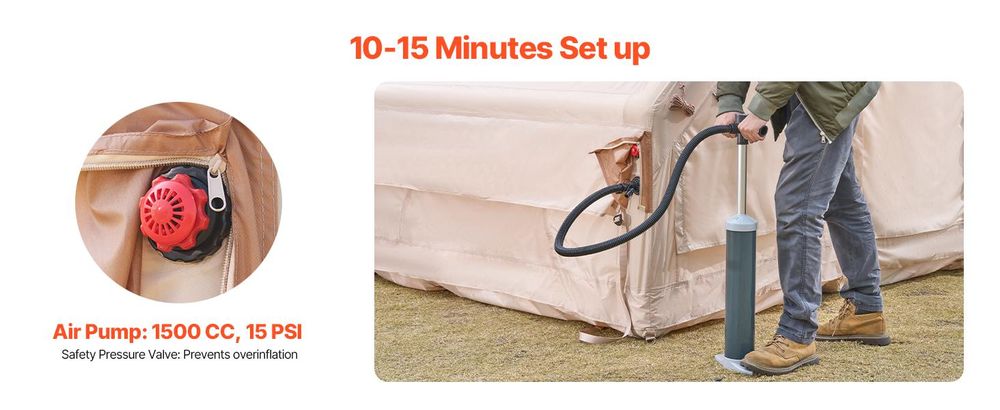 VEVOR Aufblasbare Zelte für Camping 3x3x2,3 m, 4–6 Personen, 300D Oxford, 2 Türen & 4 Netzfenstern, inkl. Aufbewahrungstasche für Transport