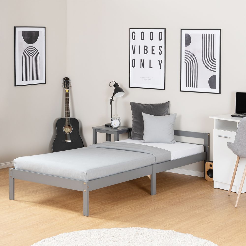 Homestyle4u Holzbett 90x200 Jugendbett Einzelbett Bett mit Lattenrost Grau Kiefer Massivholz