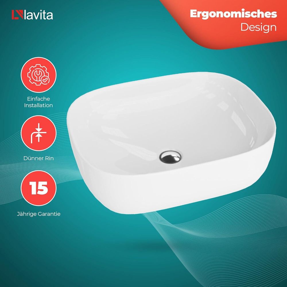 LAVITA Aufsatzwaschtisch Merida Gold/White | Aufsatzwaschbecken Rund | Waschbecken Ohne Überlauf und Hahnloch | Aus hochwertigem Porzellan | Waschtisch | 37x37x12 cm | Weiß/Gold