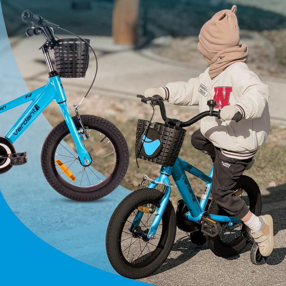 Collage de detalles: cesta delantera y niño usando la bicicleta en exteriores.