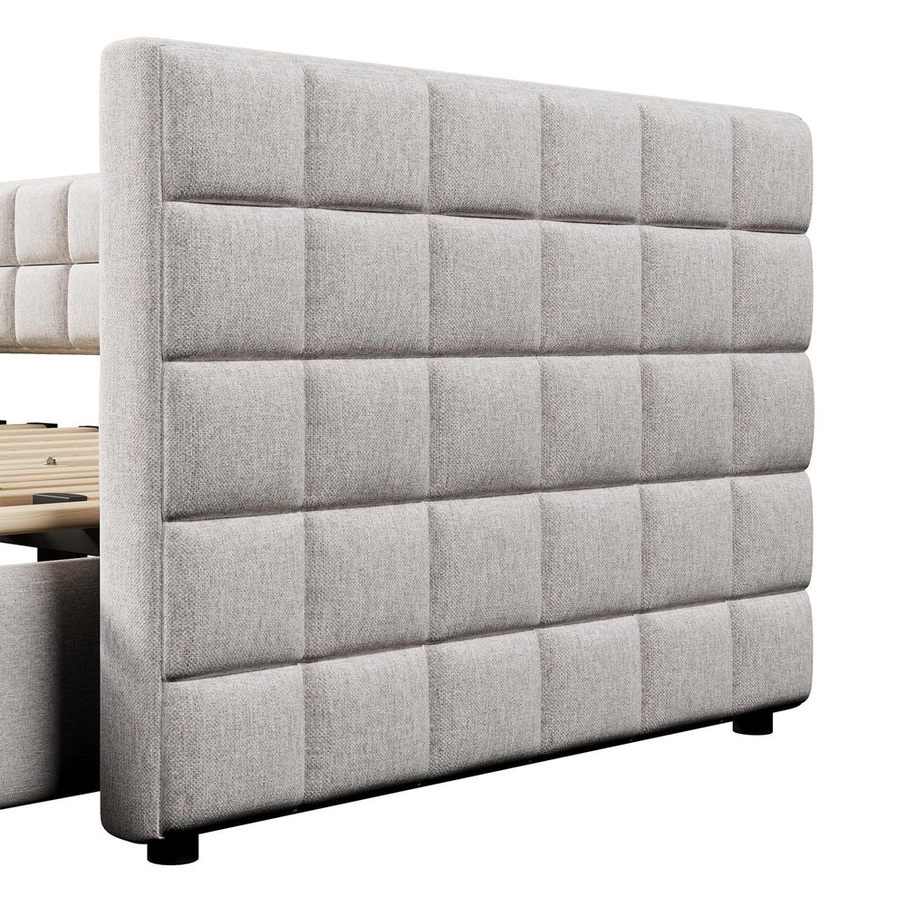Merax Tagesbett Daybett 90x200 cm, mit Ausziehbett 90x200 cm, 2 Schubladen, Quadratisches Muster, Schlafsofa, Kinderbett, polsterbetten, Samt, Beige