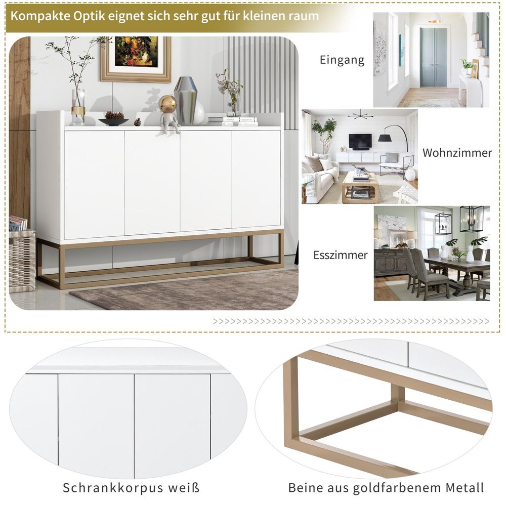 INONEFT Sideboard Kommode 120cm breit,Modernes Buffetschrank mit 4 Türe,Kommode Schrank Buffetschrank mit Verstellbares Regal und Metallbeinen,Weiß