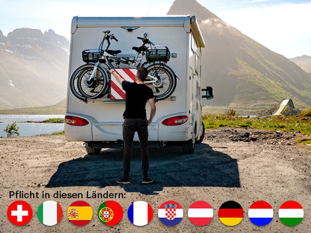 Wiltec 2in1 rot weiße Warntafel Spanien und Italien aus Aluminium mit Befestigungslöchern 500x500 mm reflektierend Warnschild für Fahrradträger und Heckträger zur Kennzeichnung überstehender Ladung
