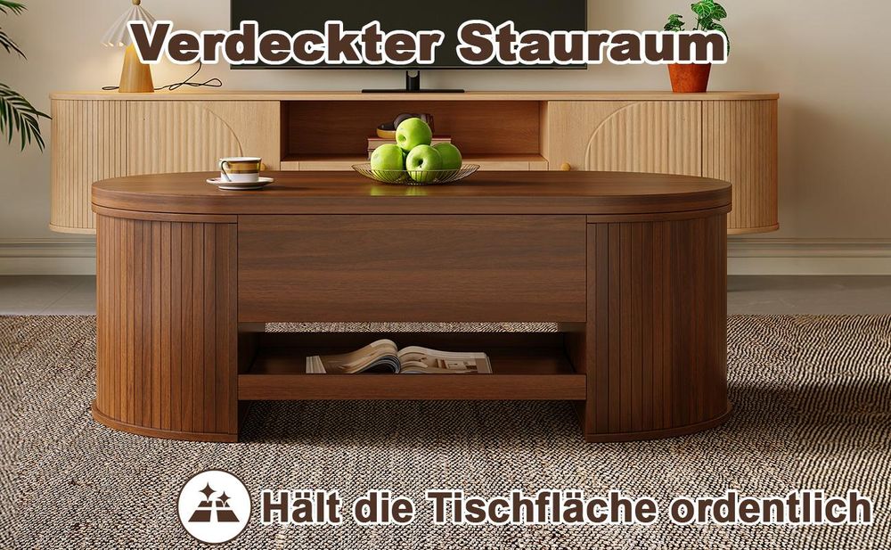 okwish Couchtisch mit anhebbarer Tischplatte, ausziehbarem Regal und gebogenen Holzseiten, Wohnzimmertisch, Beistelltisch, multifunktional, Walnuss