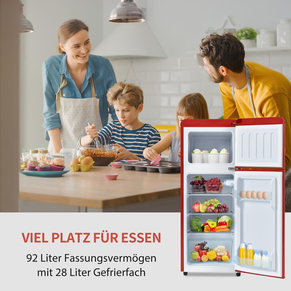 Merax Kühl-/Gefrierkombination BCD-102, Retrokühlschrank mit Doppeltür und LED-Beleuchtung, im Retro Design, 92 L, Rot