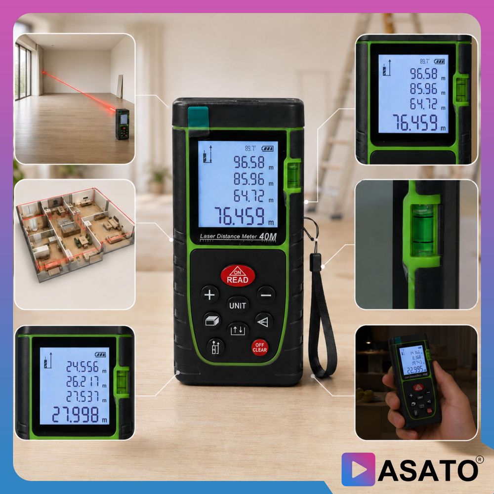 ASATO Laser-Entfernungsmesser 40 m mit Wasserwaage, Flächen- und Volumenmessung