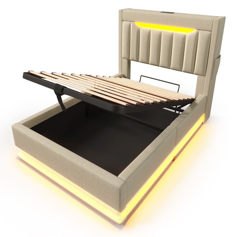 Flieks Polsterbett 90x200cm mit Ladefunktion (USB & Type-C), Einzelbett Jugendbett mit Led, Stauraumbett Boxspringbett mit Stauraum, Leinen, Beige