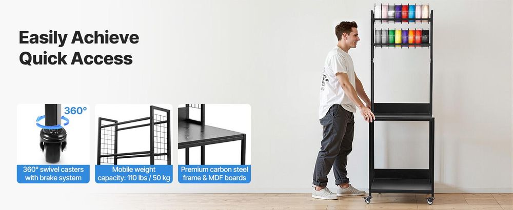 VEVOR Wandmontierter Drucker Filamentlagerregal, 2-stufiges Wandregal, rollbare Filamentspulenhalter mit Rädern, Filamente organisiert für 3D-Druckstudio, Werkstatt (Nur Regal), Integriert, Vier Schichten-a