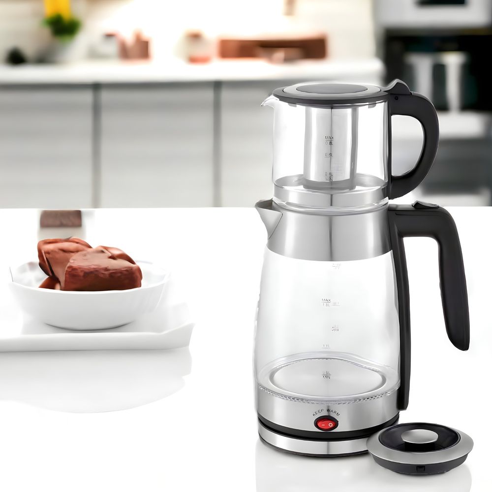 Schäfer Glas-Teekocher 1,8/0,8 Liter 2200W Wasserkocher Elektrischer Teemaschine Caymatik Silber