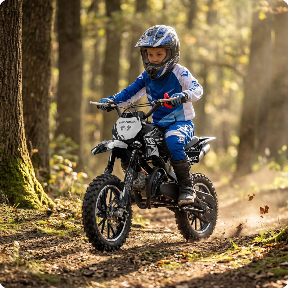 VOLTOURI CR49-BLACK Mini Cross 49cc Benzin Motorrad für Kinder Offroad 35 km/h 10" Räder Scheibenbremsen Schwarz