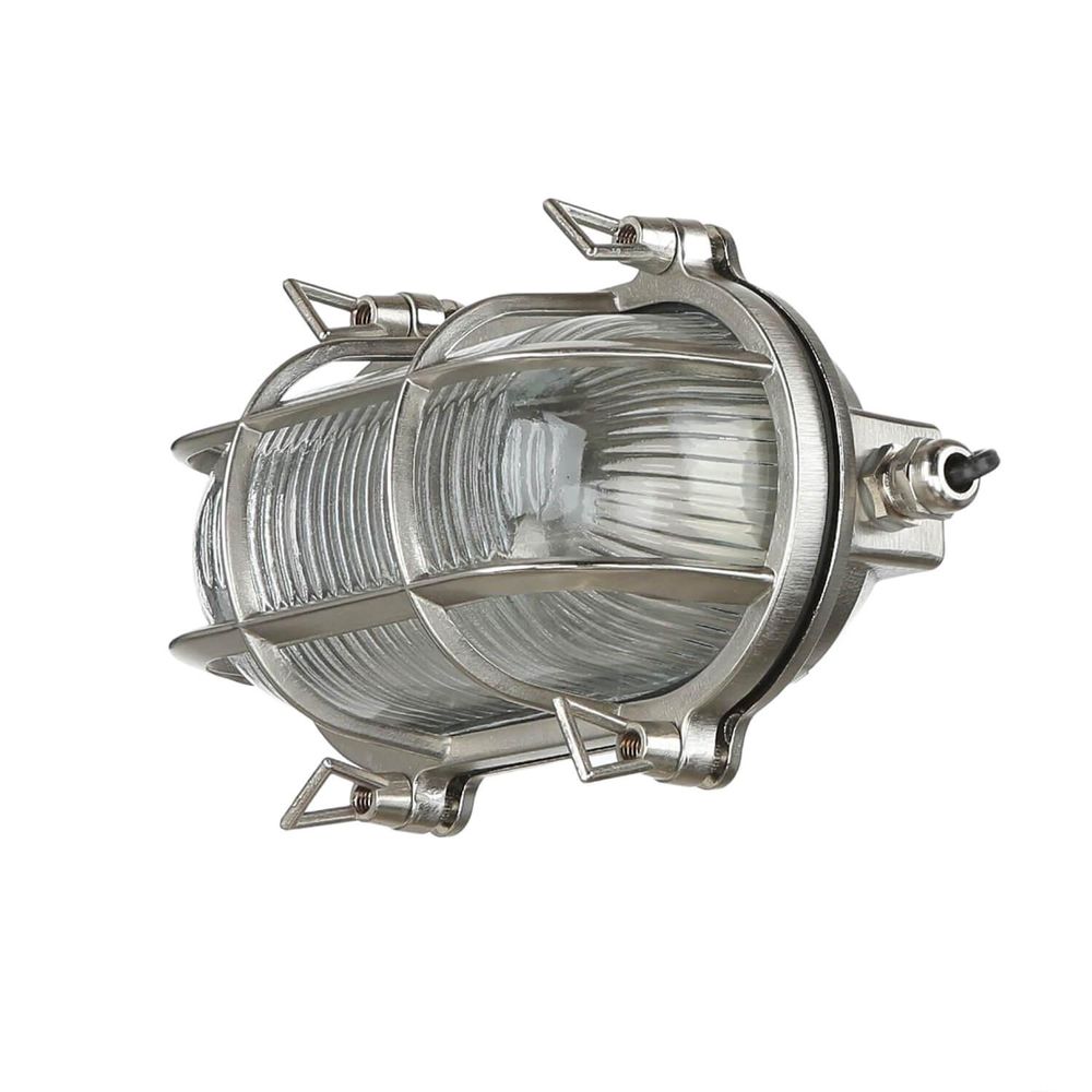 Außenlampe im maritimen Stil aus massivem Messing mit geriffeltem Glas und Schutzgitter.
