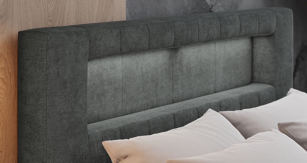 Vergrößern Sie das Kopfteil des Boxspringbettes, das Foto zeigt dunkelgrau Stoff