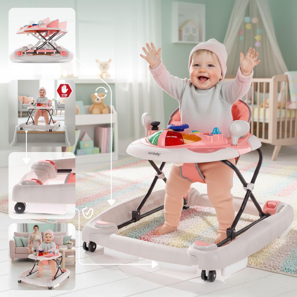 Andador SUN BABY con topes de seguridad y base estable.