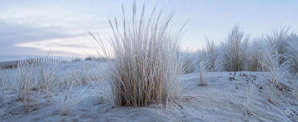 Winterbild: aufrechte Halme mit Raureif auf sandiger Fläche