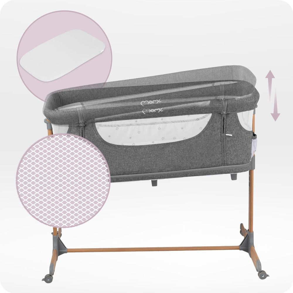MoMi SMART BED – 4-in-1 Beistellbett & Reisebett, höhenverstellbar mit Neigefunktion, inkl. Matratze & Moskitonetz – Grau