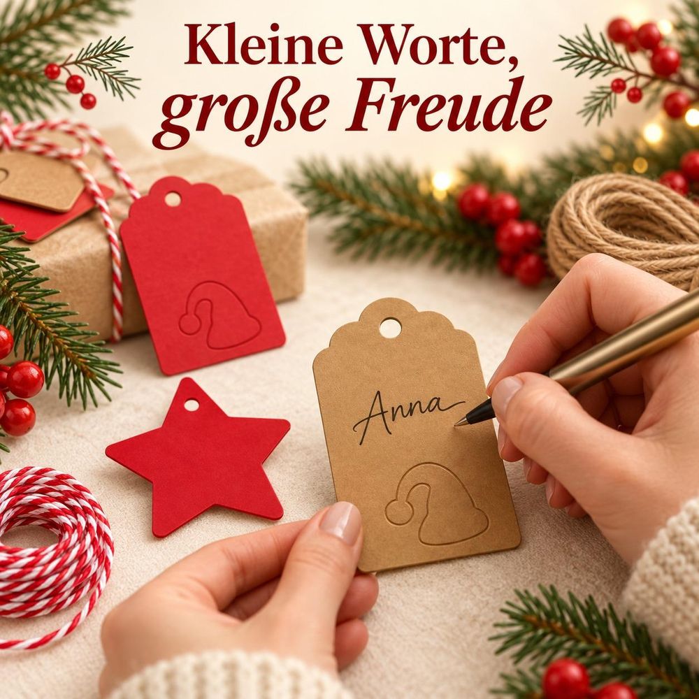 Erwachsene Hände beschriften einen naturbraunen Geschenkanhänger