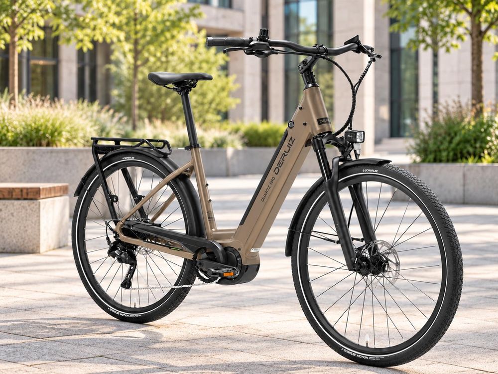 DERUIZ Quartz Pro E-Bike in Bronze mit Tiefeinstieg und Mittelmotor.