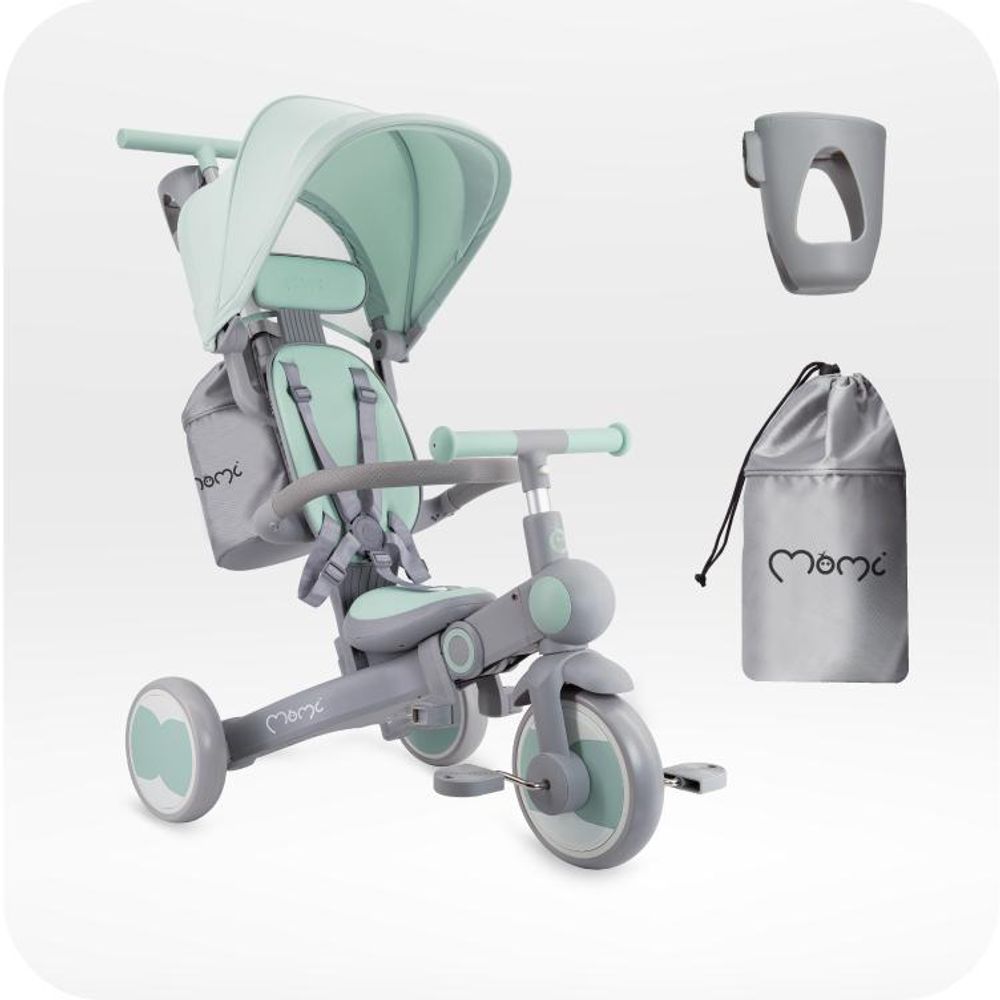 MoMi SOLIVIA – 4-in-1 Dreirad & Laufrad ab 12 Monaten, verstellbar, klappbar, mit Sicherheitsgurt, inkl. Tasche & Getränkehalter – Grün