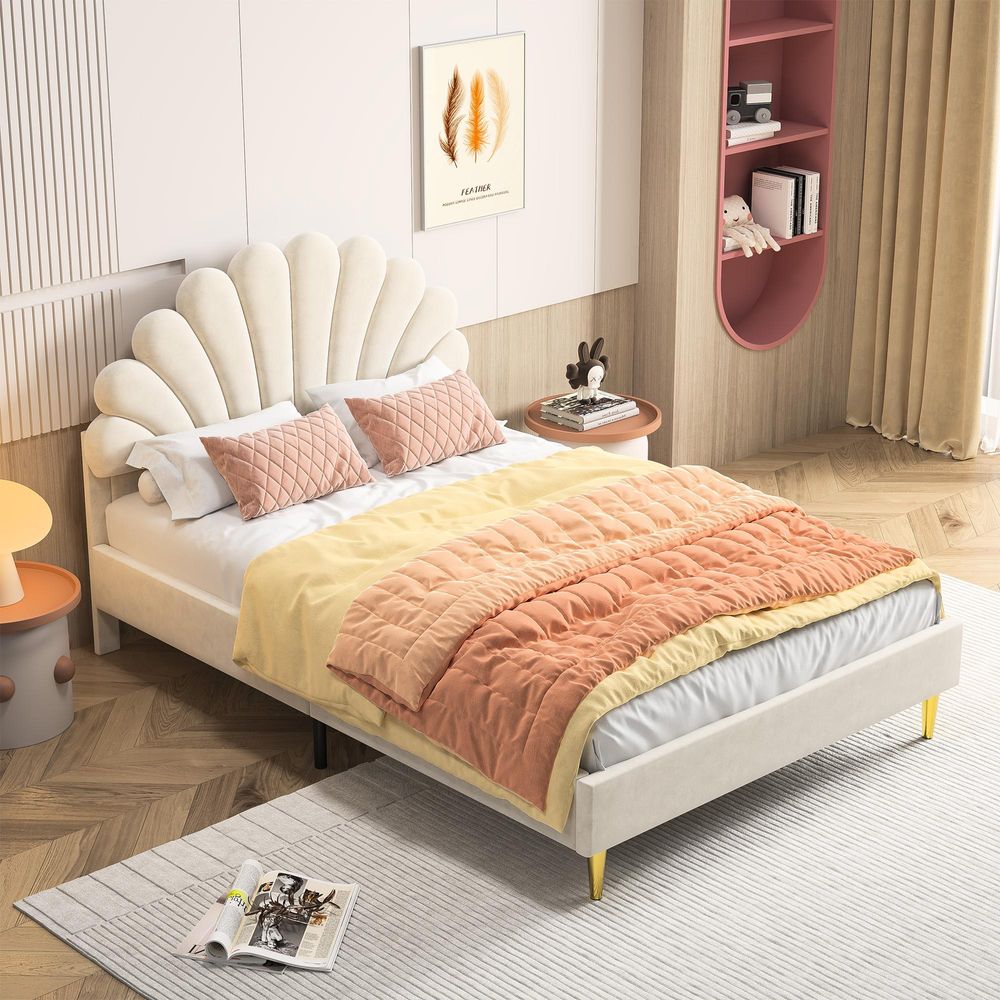 INONEFT Polsterbett Kinderbett 140x200 cm, Doppelbett für Mädchen, Jugendbett Bettgestell mit Blumenförmigem Kopfteil und Lattenrost, Samt Beige