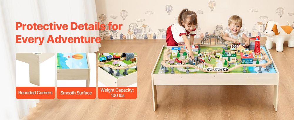 VEVOR Zugtisch, 120 mehrfarbige Holzstücke, Aktivitätstisch für Kinder mit zusammenklappbarem Aufbewahrungsbehälter, 3-in-1 Holz-Zugset zum Spielen, Zeichnen, Lesen, Essen, kreatives Spielzeugset für Kinder ab 3 Jahren, 47.4x33.5x16 Zoll