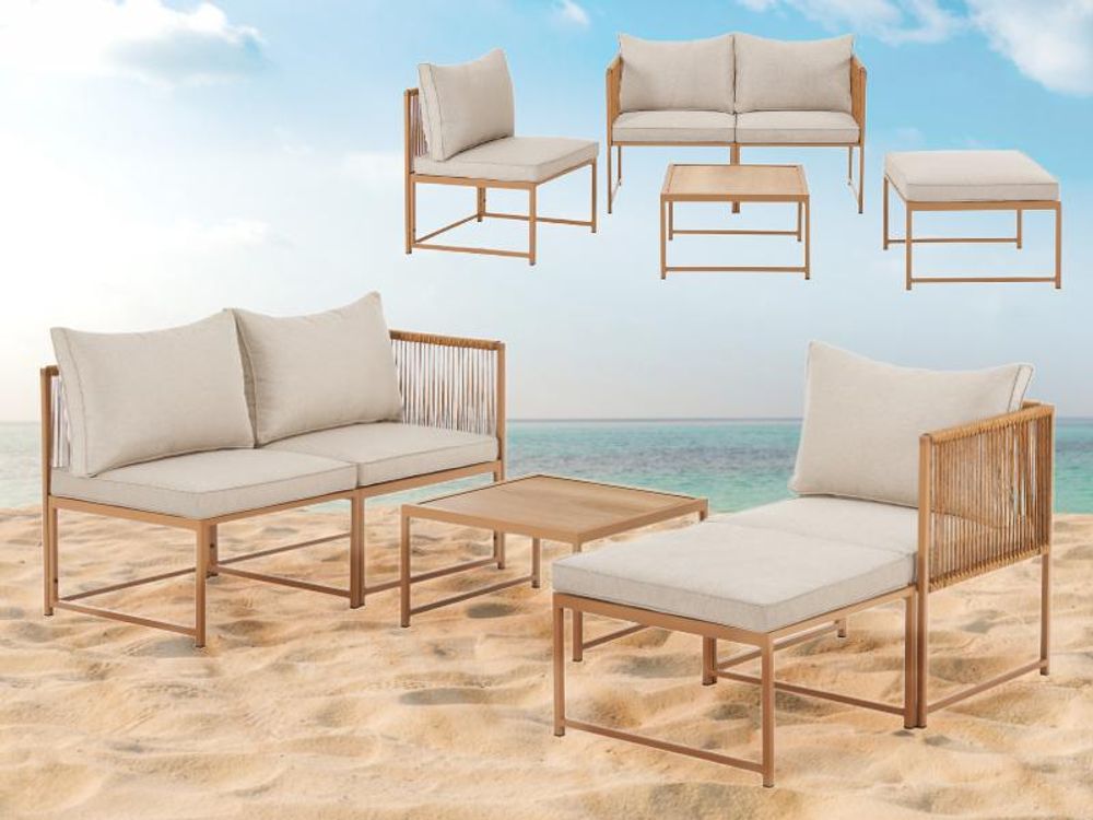 Zwei Beispiele zu Stellmöglichkeiten des DETROIT Loungesets, im Hintergrund ein Strand