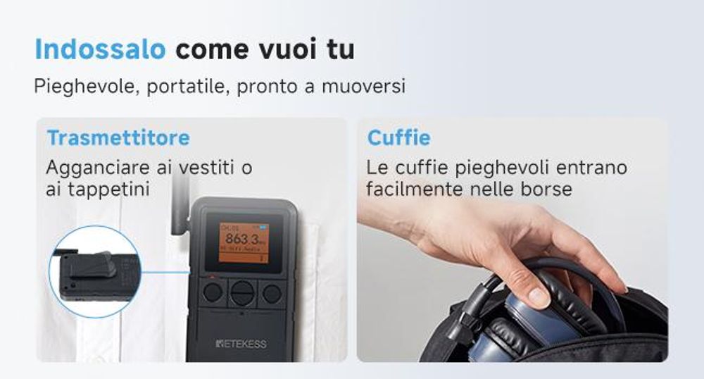 Sistema di cuffie per silent disco Retekess TA003P-TA004S, a mani libere, qualità audio Hi-Fi, LED a 3 canali, 12 ore di autonomia, vestibilità stabile, potenziamento dei bassi, ideale per fitness, yoga e feste