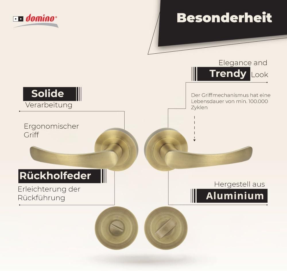 DOMINO Türgriff Drückergarnitur WC -Badezimmer Set | Rund-Rosette | Türklinke für Bürotür, Kellertür & Innentür | Aluminium | Bronze Farbe | NOVA-R M3