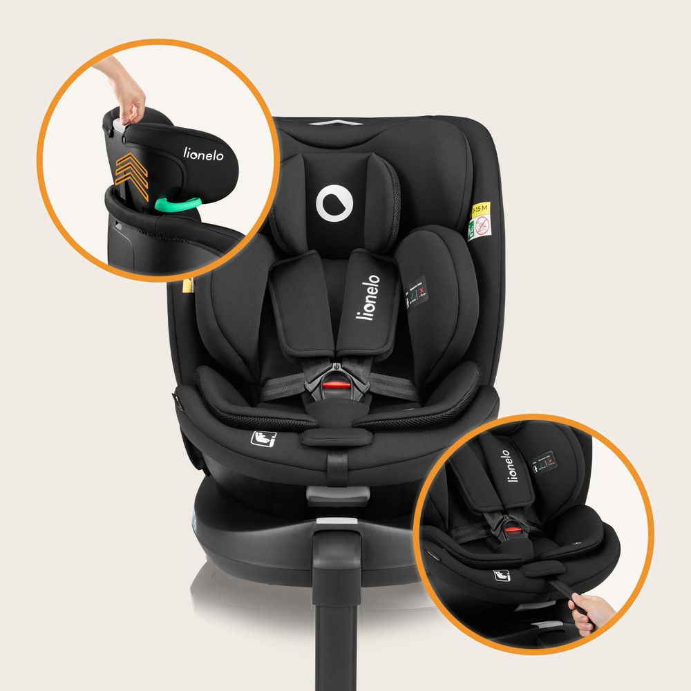 Lionelo Kindersitz Navy i-Size 360° EasyTurn-Drehbasis, 40-150 cm, Montage mit ISOFIX und einem Stützfuß, R129-Norm - Schwarz