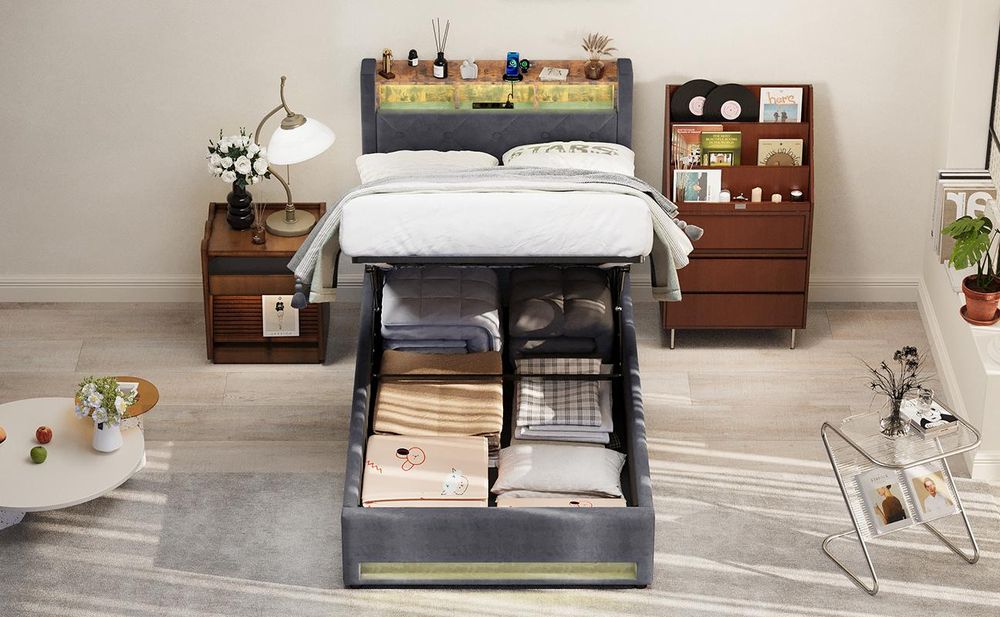 MODFU Boxspringbett 90×200 mit bettkasten,Polsterbett mit Stauraum,Funktionsbett mit USB-Anschluss & LED-Licht,Sicheres Design mit gepolsterten Kanten