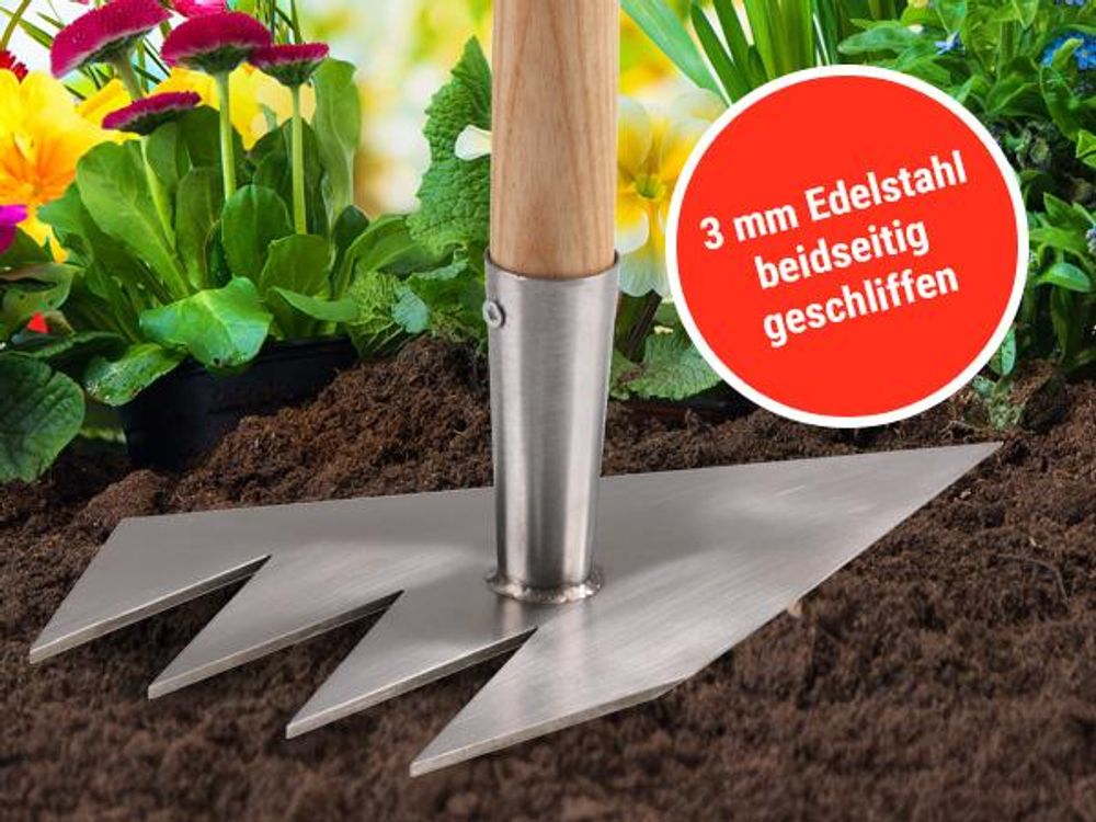 RUWI MULTIHARKE 8in1 | Garten Harke - ohne Stiel - Rückenschonend - Gemüse & Blumen Beet - Unkraut jäten - Boden lockern - Pflanzlöcher graben