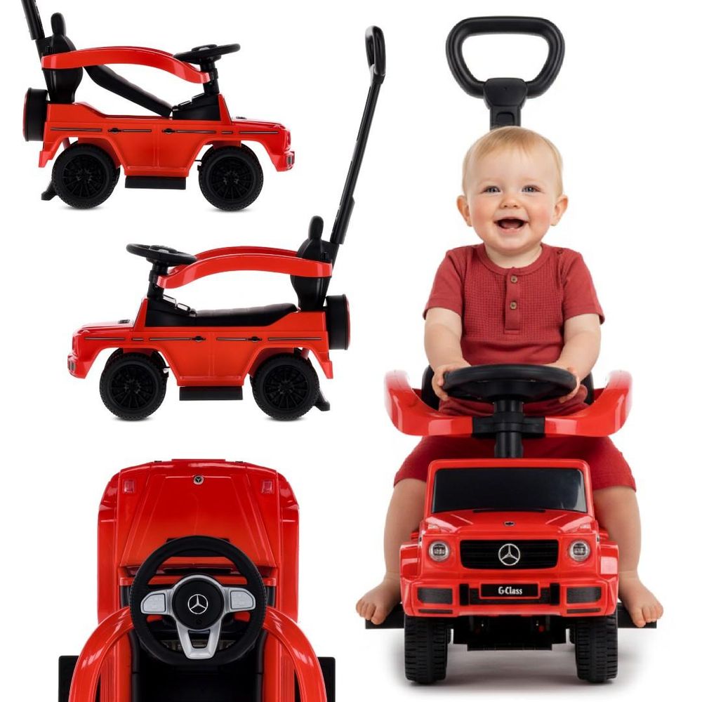 Niño sentado en el correpasillos Mercedes-Benz G-Klasa rojo, detalles del asiento y volante.