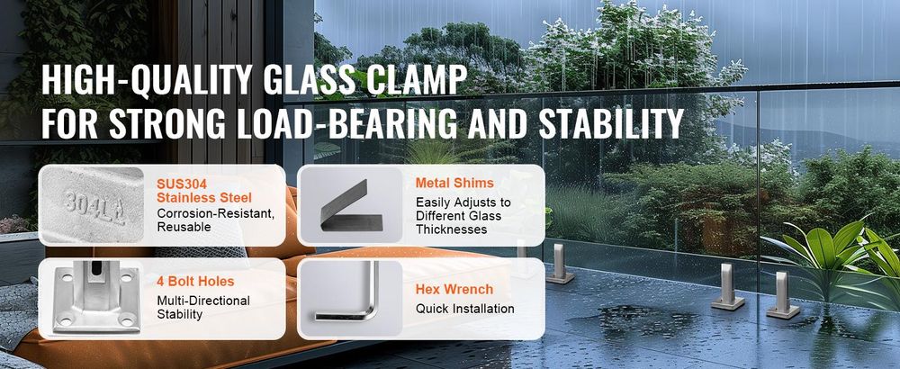 VEVOR Glaszange, 10 Stück quadratische Glasgeländerhalterung für 0,31 "-0,47 " gehärtetes Glas, 304 Edelstahl Glasmontagezange, 0,12" dicke Glasregalhalterung für Balkon, Garten, Treppe, Silber, Silber, Gebürstet
