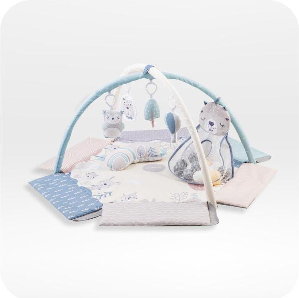 MoMi PASTEL Lernmatte Baby Matte - 5 Spielzeuge mit 30 sensorischen Bällen, 2 Spielzeugstangen, Sensorische Aktivitätsmatte
