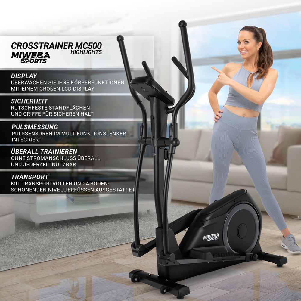 Miweba Sports Crosstrainer MC500 | LCD-Display - Pulsmessung - Heimtrainer - Ellipsentrainer - 8 Widerstandsstufen - 7 kg Schwungmasse - Heim-Workout