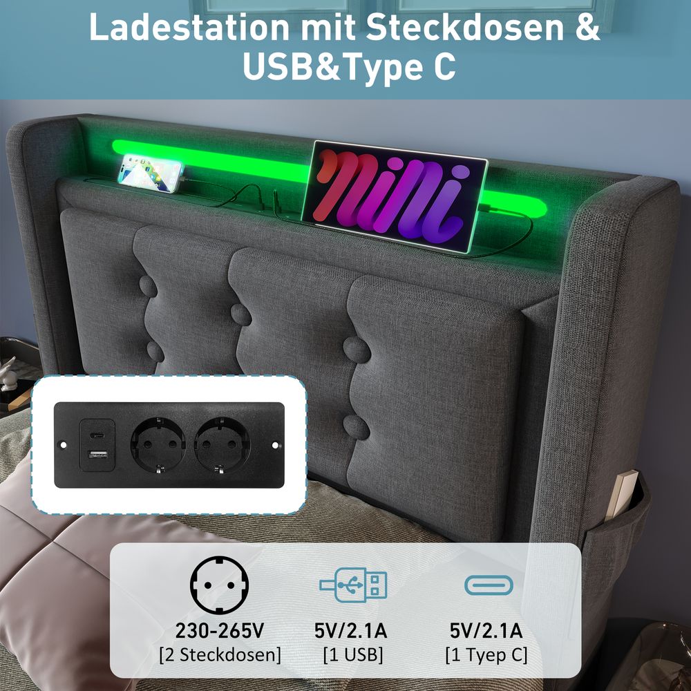 Flieks Polsterbett 90x200cm mit Ladefunktion, Einzelbett Jugendbett mit LED, Hydraulisches Stauraumbett Boxspringbett mit Lattenrost, Baumwolle, Grau