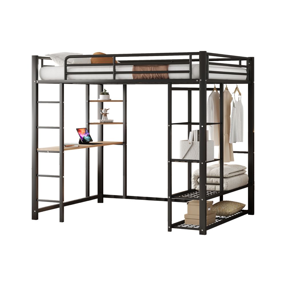 MODFU Hochbett Kinderbett 140x200cm mit Rausfallschutz, Metallbett Eisenbett mit vier kleinen Regalen und einem großen Bücherregal für Kinder, Jugendliche und Erwachsene, Jugendbett Bettgestell mit Schreibtisch,Schwarz
