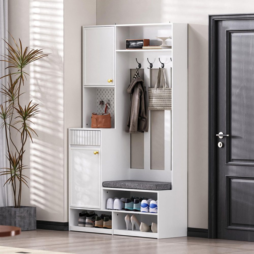 Merax Garderobenständer mit Schuhbank, Flurgarderobe mit Schubladen & Türen, 4 Dreifach-Haken, Stecktafel aus Metall, 100×180×35 cm, Weiß