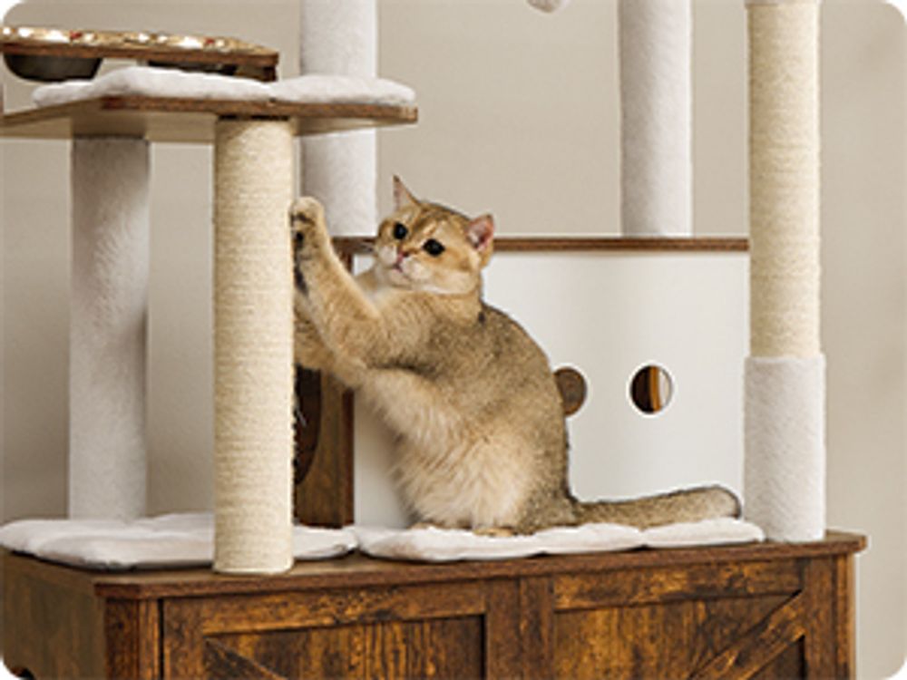 Feandrea Kratzbaum, Katzenklo-Schrank, erhöhte Fressnäpfe, mehrstöckiger Katzenbaum, Kratzstämmen vintagebraun