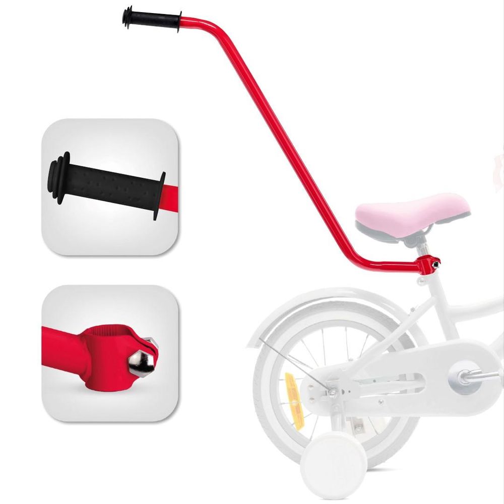 Bastone spingibile montato su bicicletta per bambini, dettagli della maniglia e del fissaggio.