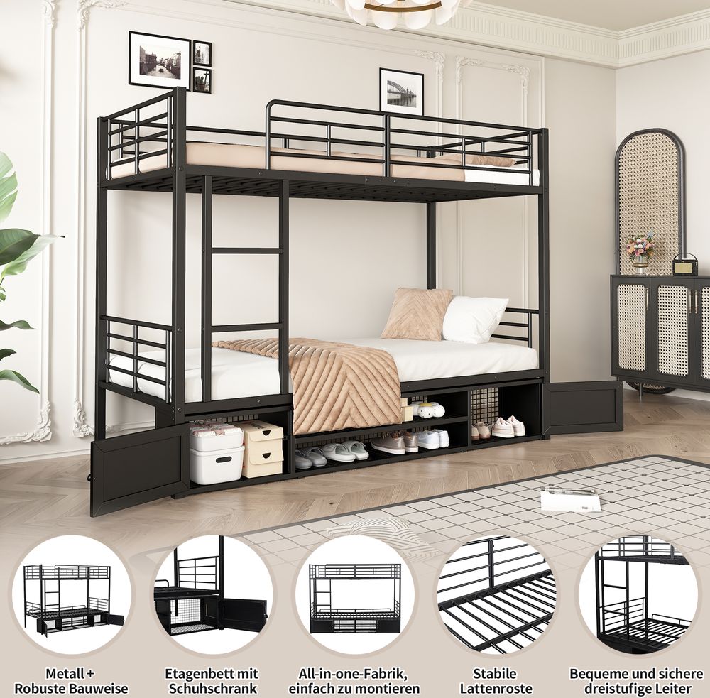 Merax Etagenbett 90x200cm mit schuhschrank, Hochbett mit Stauschränken, Stockbett mit Rausfallschutz und Leiter, Eisenbett Jugendbett Kinderbett